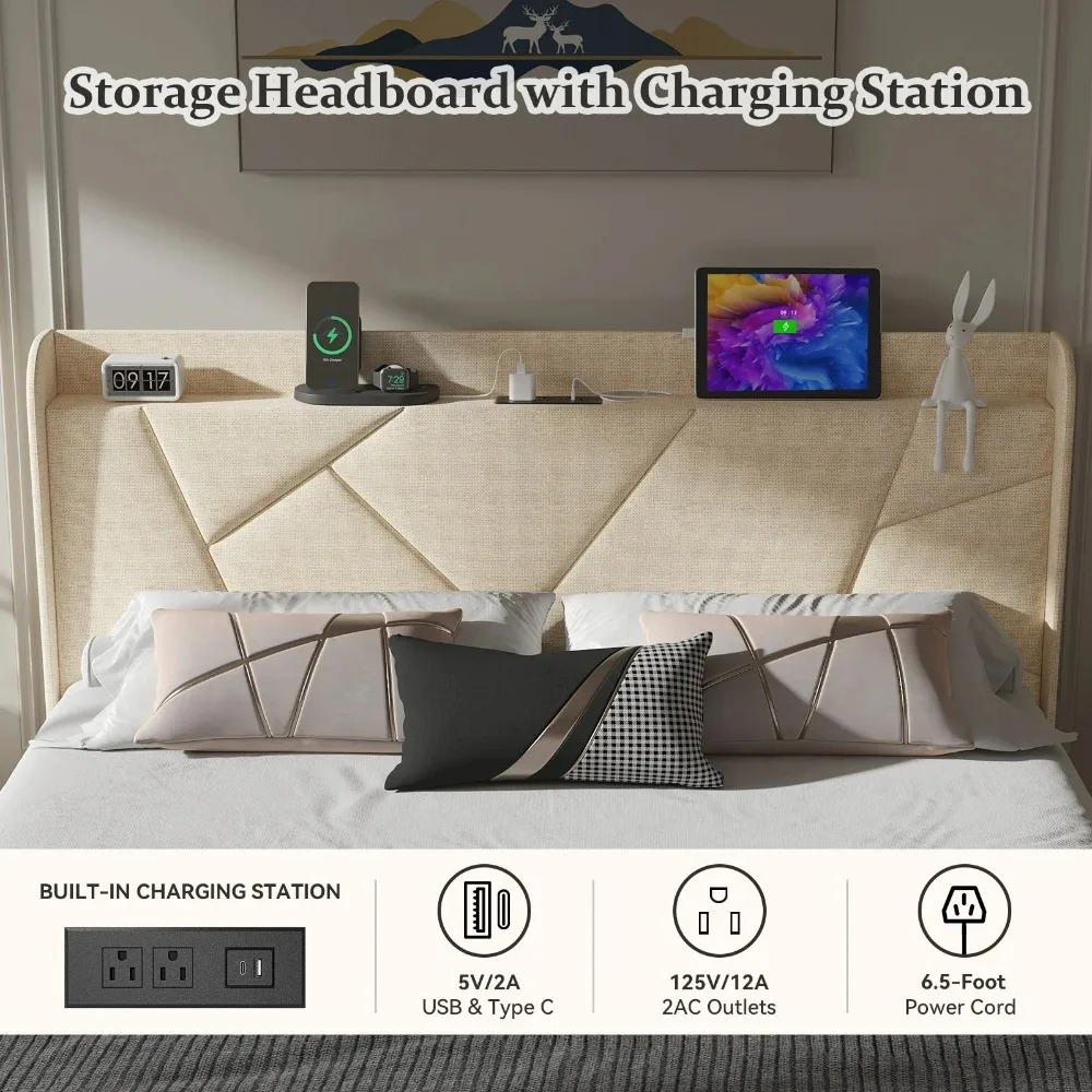 Queen Bed Frame with Charging Station, Upholstered Platform Bed with Wingback Storage Headboard, Beige image 2