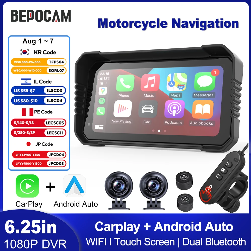 BEPOCAM 5-6.25 inch Motorcycle GPS Navigation with Dual Dash Cam