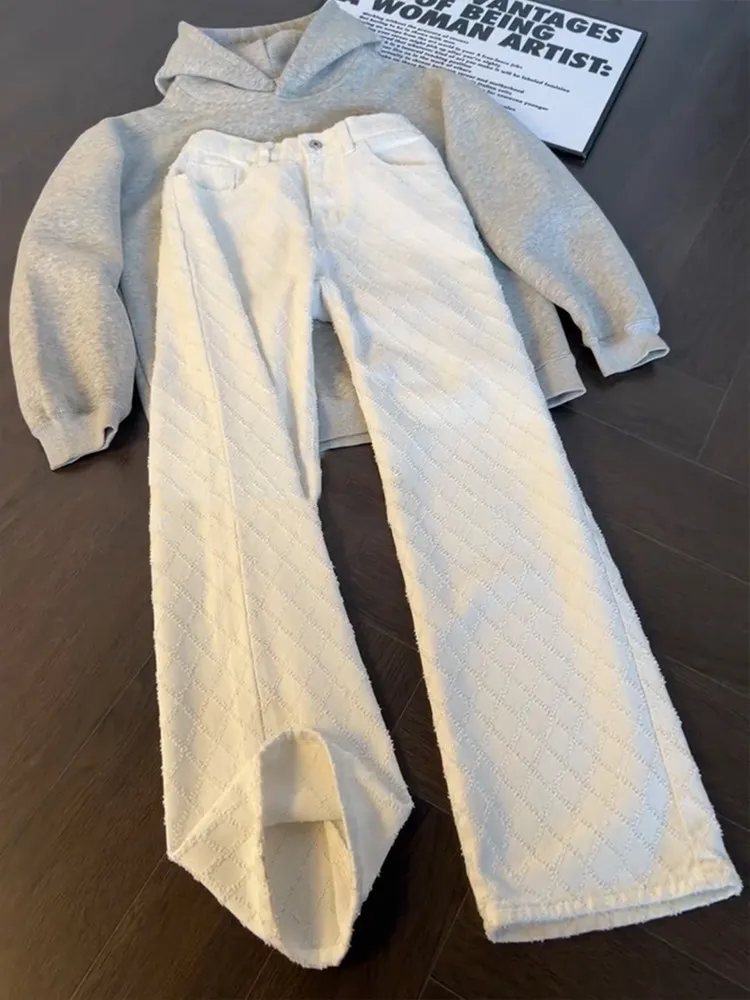 Cleanfit White Diamond Patterned Men's Jeans Trendy High Waist Straight Leg Micro Flared Pants Casual Denim Jeans for Teens