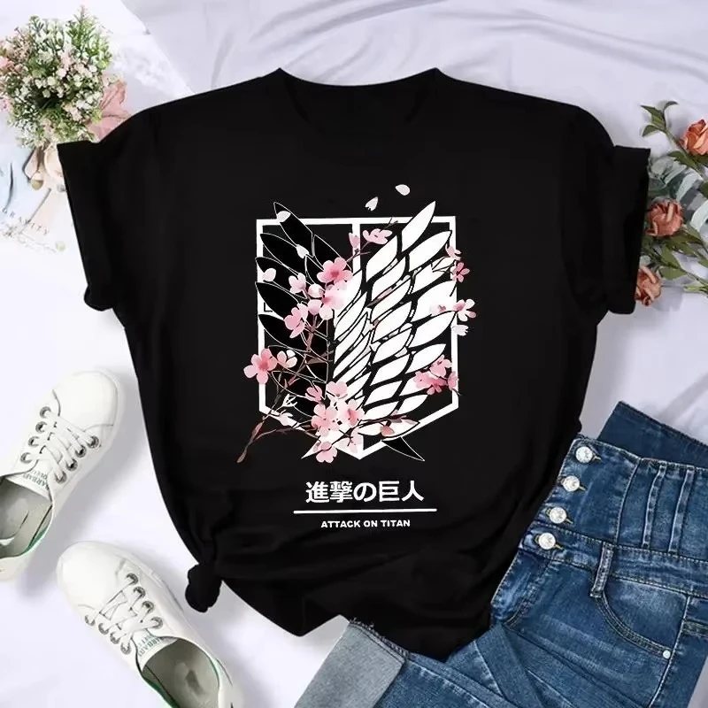2026 New Attack On Titan Sakura Anime T Shirt Oversized Unisex Streetwear Cherry Blossom Survey Corps Graphic Tee