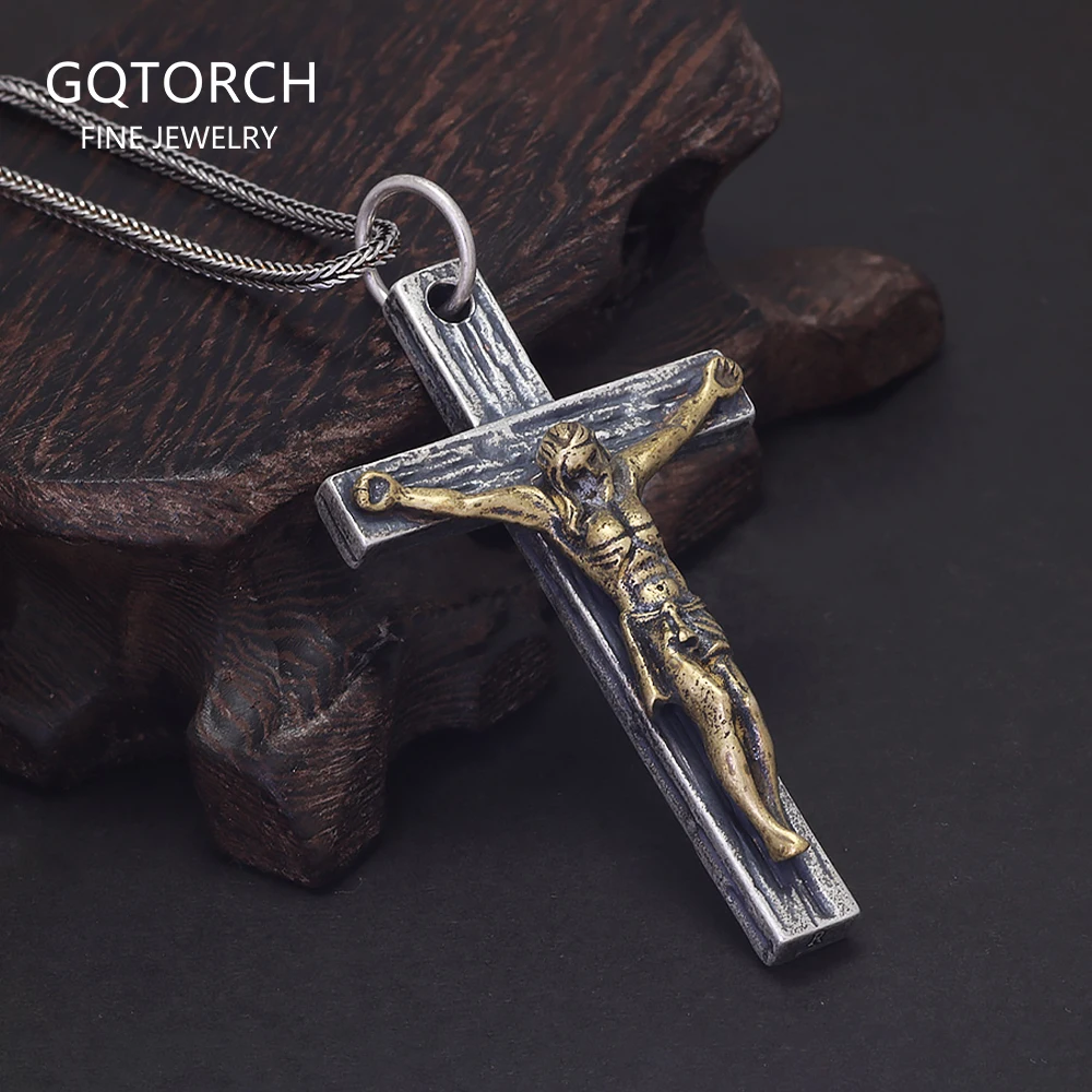 

Pure 925 Sterling Silver Crucifix Necklace Matt Cross Pendant for Men Two-tone Antiqued Vintage Retro Style Catholic Amulet