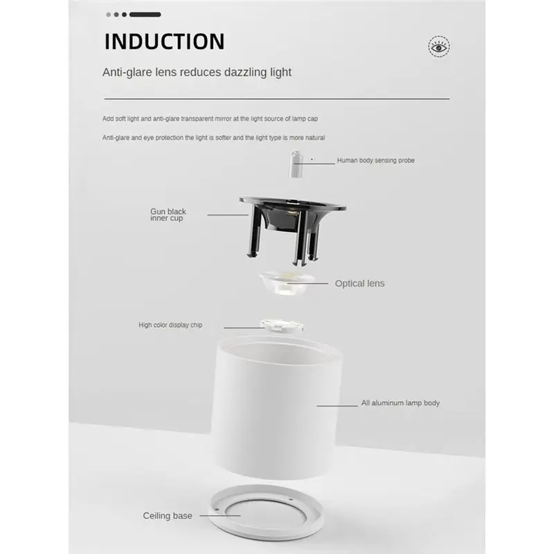 AA19 Human Body Induction Spotlight Ceiling Sensor Light Lamp Room Installed 12W COB Downlight Lighting 3500K