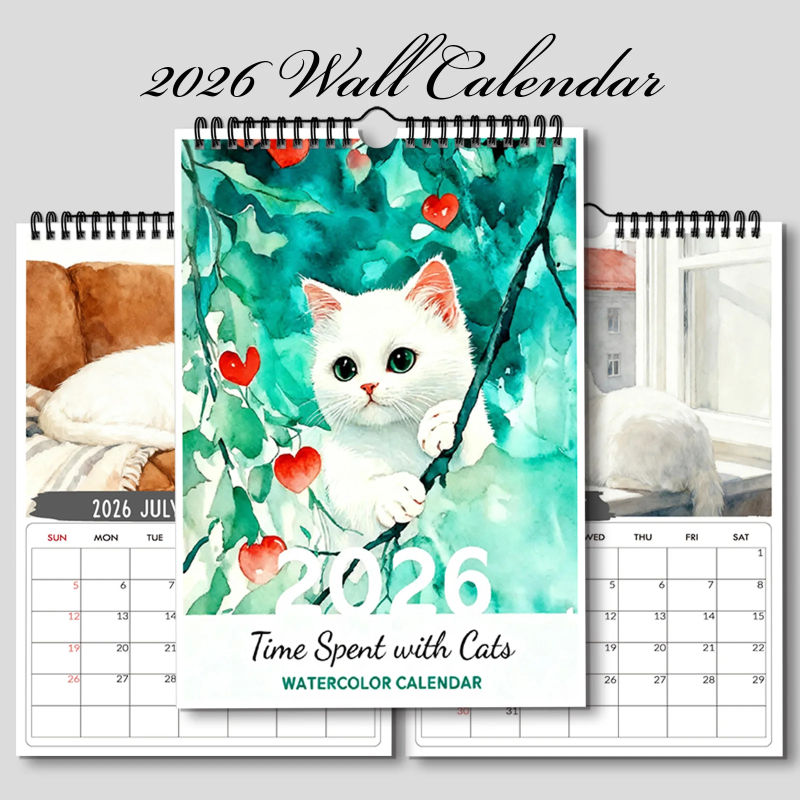 1 ชิ้น 2026 ปฏิทินติดผนัง, ธีมแมวสีน้ำ, วันเกิดที่สมบูรณ์แบบ, ของขวัญปีใหม่, พิมพ์คุณภาพสูง, เหมาะสำหรับตกแต่งบ้านและสำนักงาน