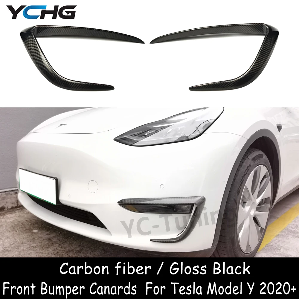 

Model Y Gloss Black Carbon Fiber Front Bumper Canards Splitter For Tesla Model Y Fog Lamp Trim Cover Air Knife Splitter 2020+