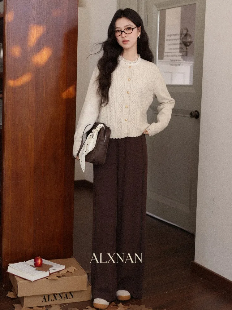 ALXNAN Women's Knit Cardigan Polka Dot Ruffled Collar Faux Two-Piece Cable Sweaters Autumn Slim-Fit Knit Tops Ladies DYL662173