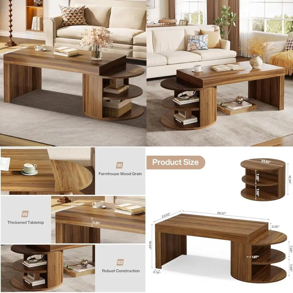 

Farmhouse Style Living Room Coffee Table with 3 Storage Shelves, 51-Inch Center Table for Home Office