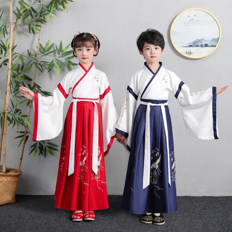 Chinese Tang Costume Boys Costume Hanfu Girls Long Skirt Exquisite Crane Embroidered Wide Sleeve Long Skirt Children's Costume