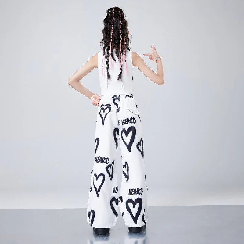 Kid Cool Hip Hop Clothing White Letters Crop Tank Top Hearts Print Casual Ruched Wide Pants for Girls Jazz Dance Costume Clothes