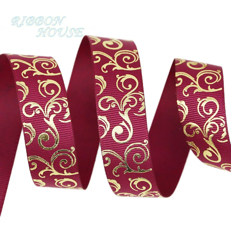 (10 yards/lot) 25mm Champagne gold foil Hot stamping grosgrain ribbon gift wedding ribbons roll wholesale
