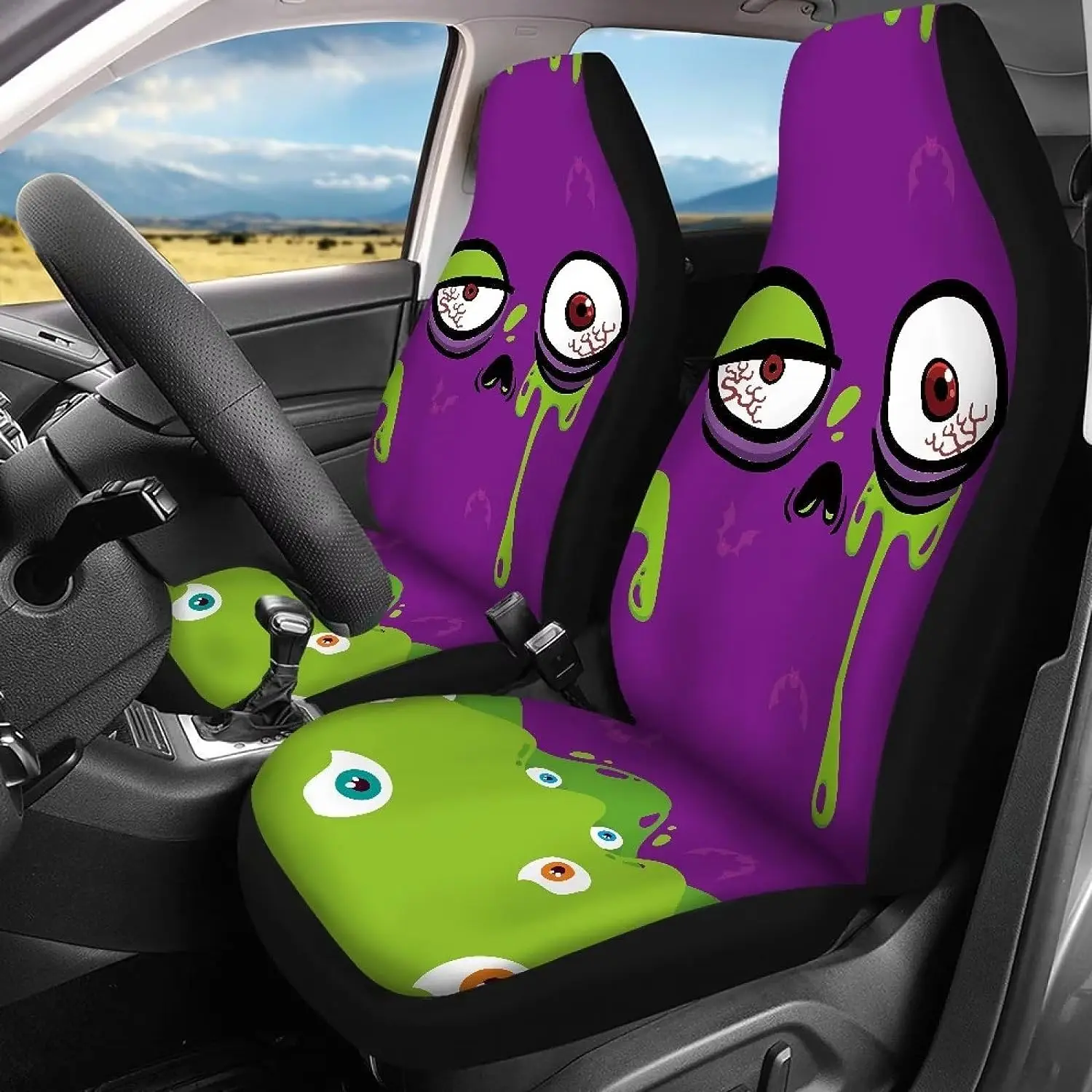 Halloweenowy potwór Eye duch pokrowiec na fotel samochodowy spersonalizowany nadruk uniwersalny, dopasowany do ciężarówka SUV wygodnego, oddychającego fotelika samochodowego 2 szt.