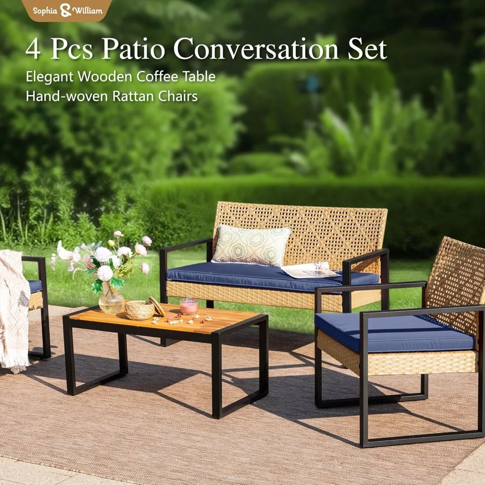 Sophia & William 4 Pieces Patio Conversation Set, Wicker Outdoor Furniture Set for 4, All Weather Outdoor Seating Set, Rattan Lo