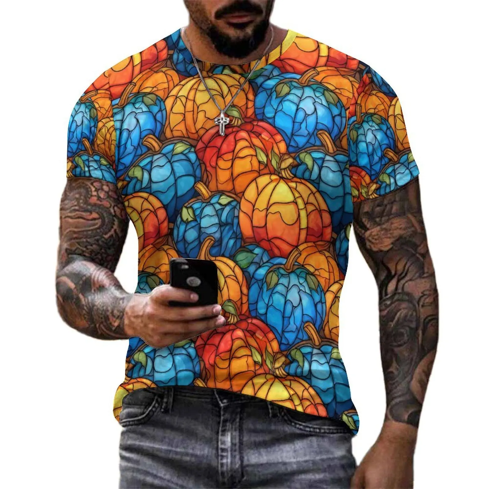 Stained Glass Pumpkins T-Shirt Blue And Oranger Man Fashion T-Shirts Premium Graphic Tees Short Sleeves Oversized Clothing Gift