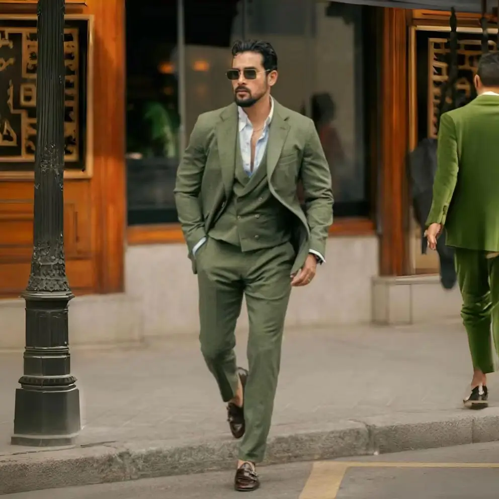 

Linen Men Suits 3 Pieces Prom Sage Green Wedding Tuxedo Summer Slim Fit Groom Blazer Trousers Vest Set Formal Men Suit Set