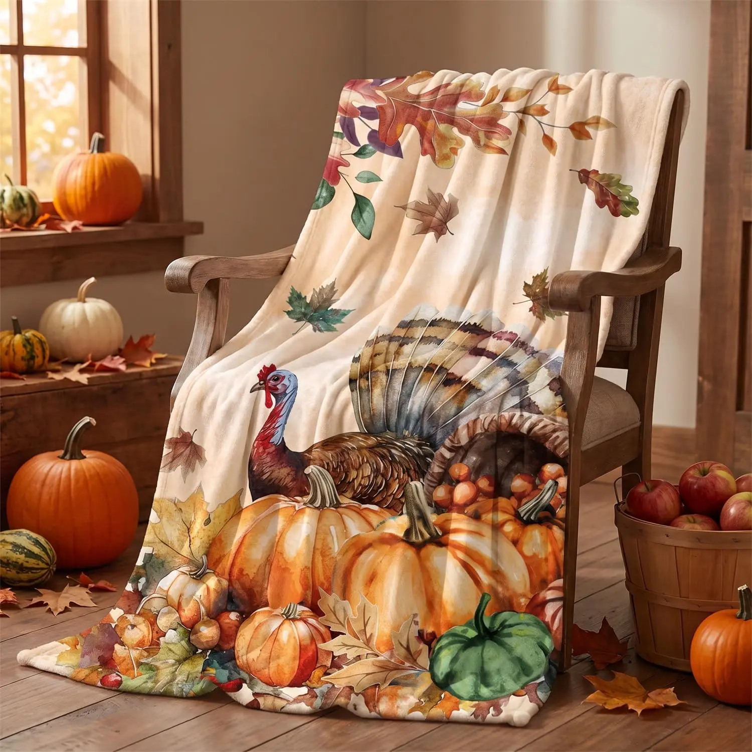 Thanksgiving Leaves Turkey Pumpkin Flannel Throw Blanket 50x60