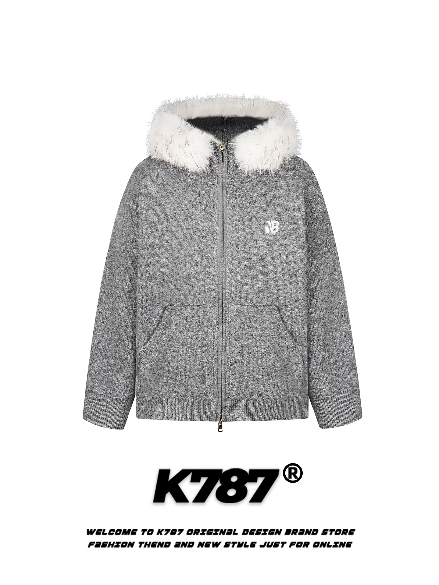 

K787 American Lazy Sle Knitted Sweater with Large Fur Collar ex Embroidered Loose Casual Warm Hoodie Jaet Trendy