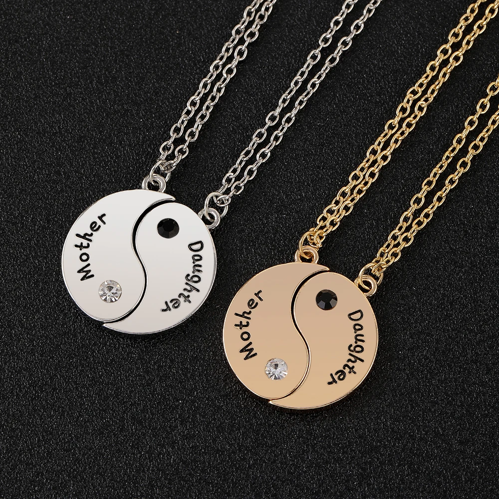 2 Pcs Yin Yang Mother Daughter Heart Together Pendant Necklace Set Gold Silver Tones For Mother's Day Gift Family Love Jewelry