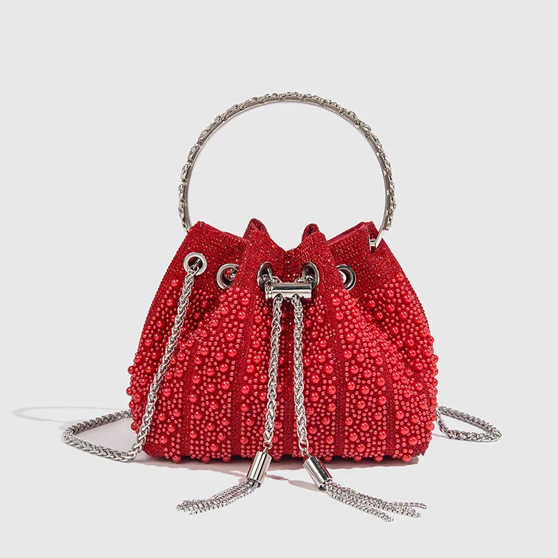 

Роскошная сумка-ведро с жемчугом, модная вечерняя сумка на шнурке для женщин, дизайнерская сумочка с круглой ручкой, свадебный клатч