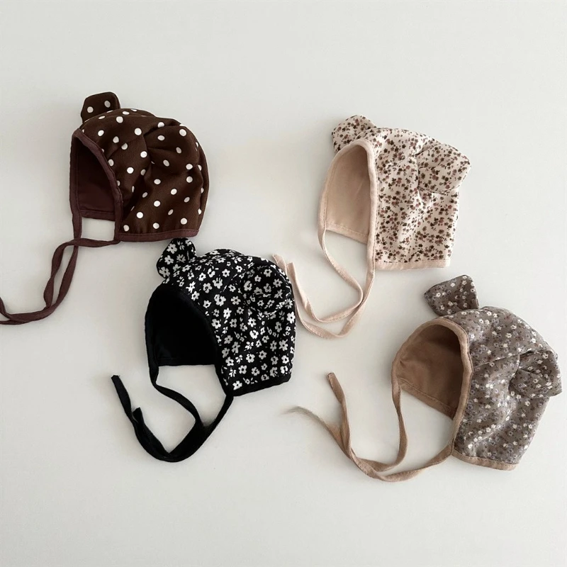 Baby's Early Autumn Hat with Cute Print Warm Ear Protection Lace Up Headband for Infants and Young Children