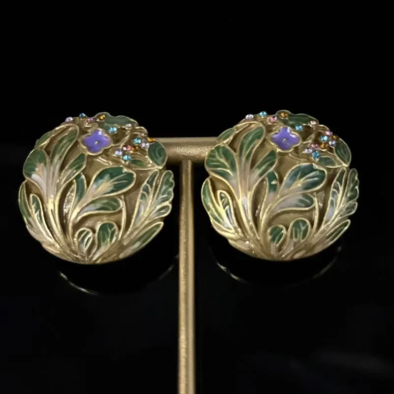 Medieval vintage flower dripping oil flash diamond stud earrings retro style temperament personalized earrings niche design