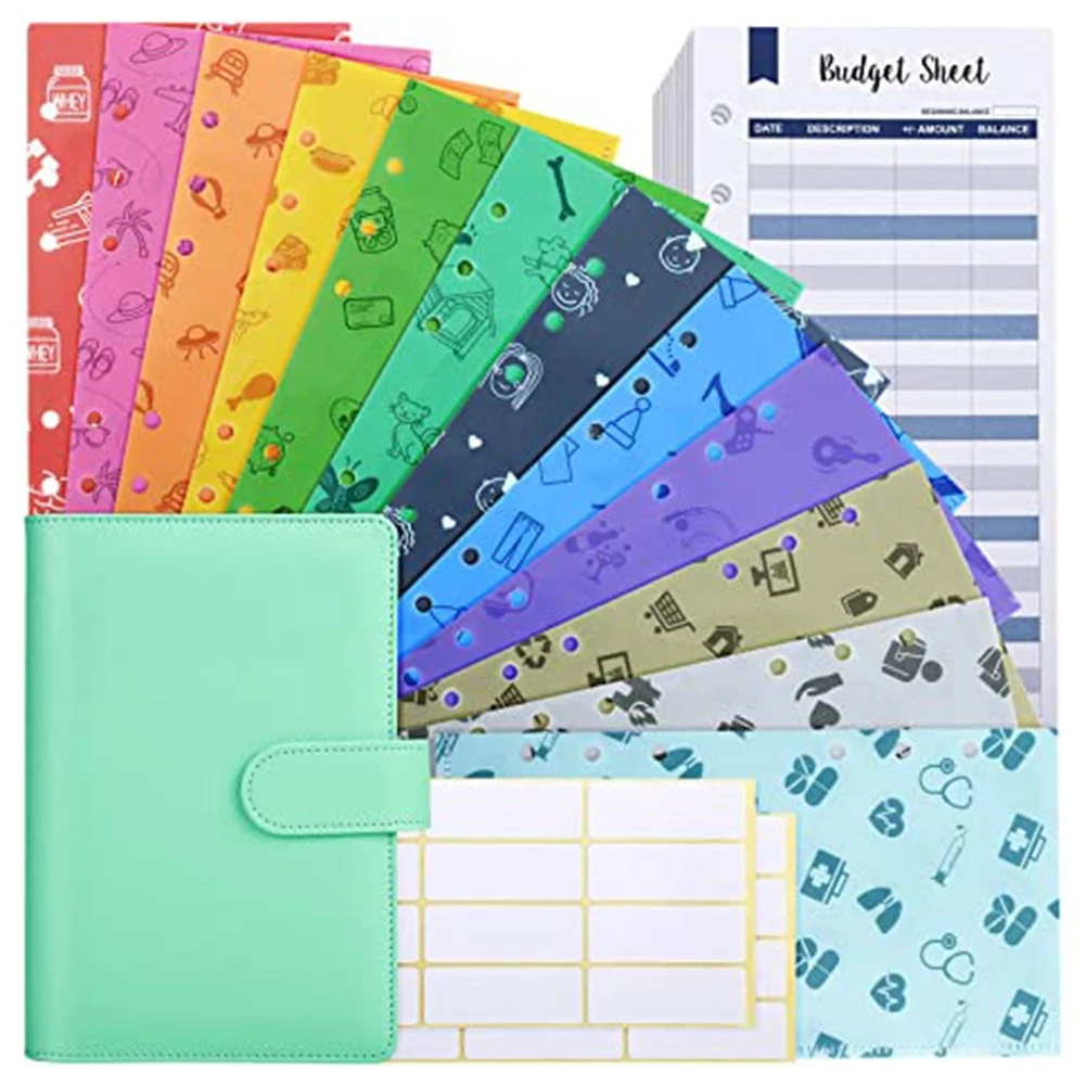 12 Budget Envelopes with A6 Budget Binder,12 Durable Waterproof Plastic Cash Envelopes System for Budget Planner Green