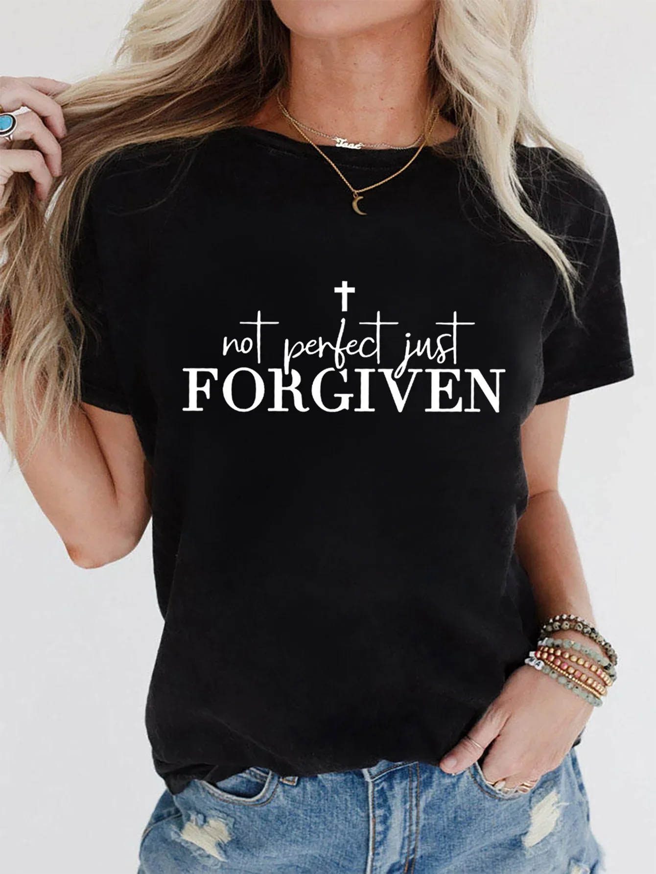 

Forgiven Print Faith T-Shirt, Short Sleeve Crew Neck Casual Top For Summer & Spring, Women's Clothing Cotton y2k top