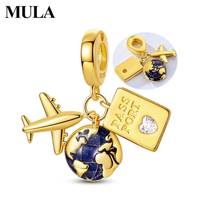 MULA Charms 925 Sterling Silver Golden Earth Airplane Passport Charm Bead Pendant Fit Original Bracelet Women Man Jewelry Gift