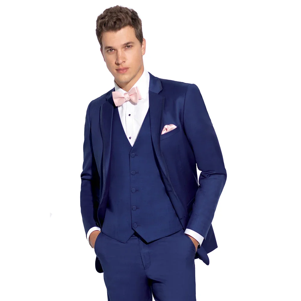 Chic Dark Blue Notch Lapel Single Breasted Suits for Men Luxury Smart Casual Outfits Formal Wedding Groom Tuxedo 3 Piece Set