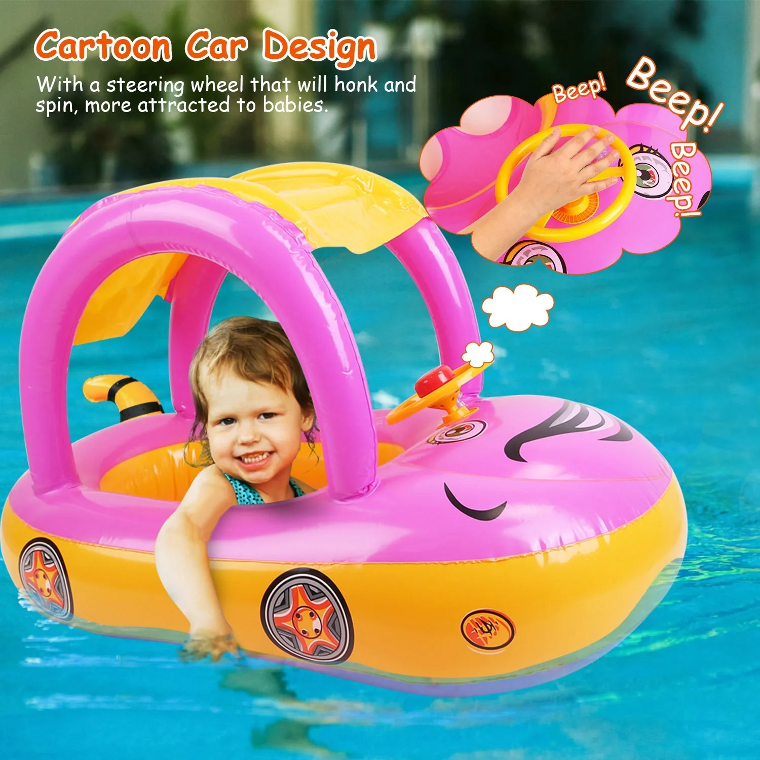 Baby Inflatable Pool Float Car Shaped Toddler Swimming Float Boat Pool Toy Infant Swim Ring Pool with Sun Protection Canopy