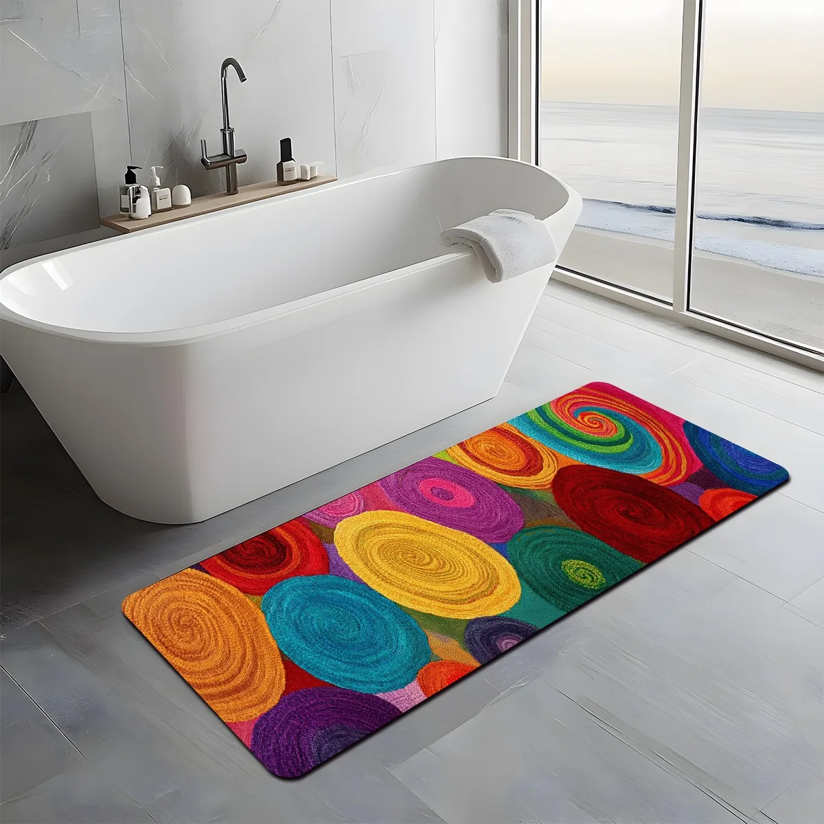 Colorful Spiral Circles Boho Kitchen Bath Mat, Non-Slip Soft Absorbent Long Floor Rug with Vibrant Rainbow Print for Bold Home