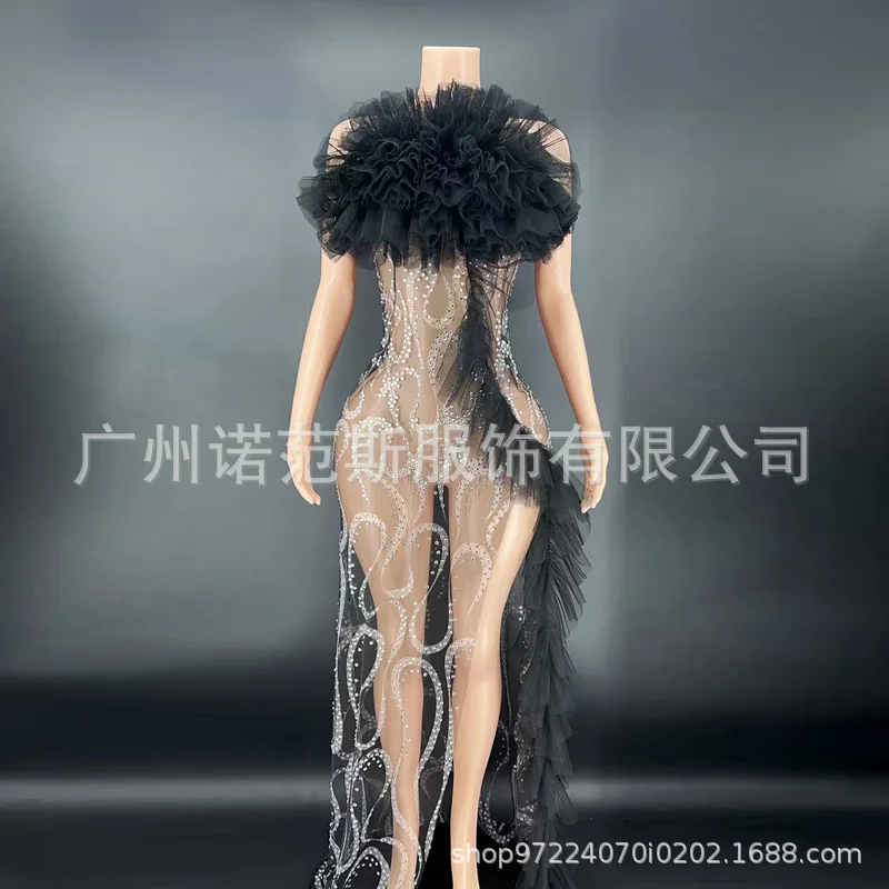 Black Stacked Yarn Backless Rhinestone Slim Tube Top Sleeveless Dress For Car Model Red Carpet Catwalk Body Transparente Flecos