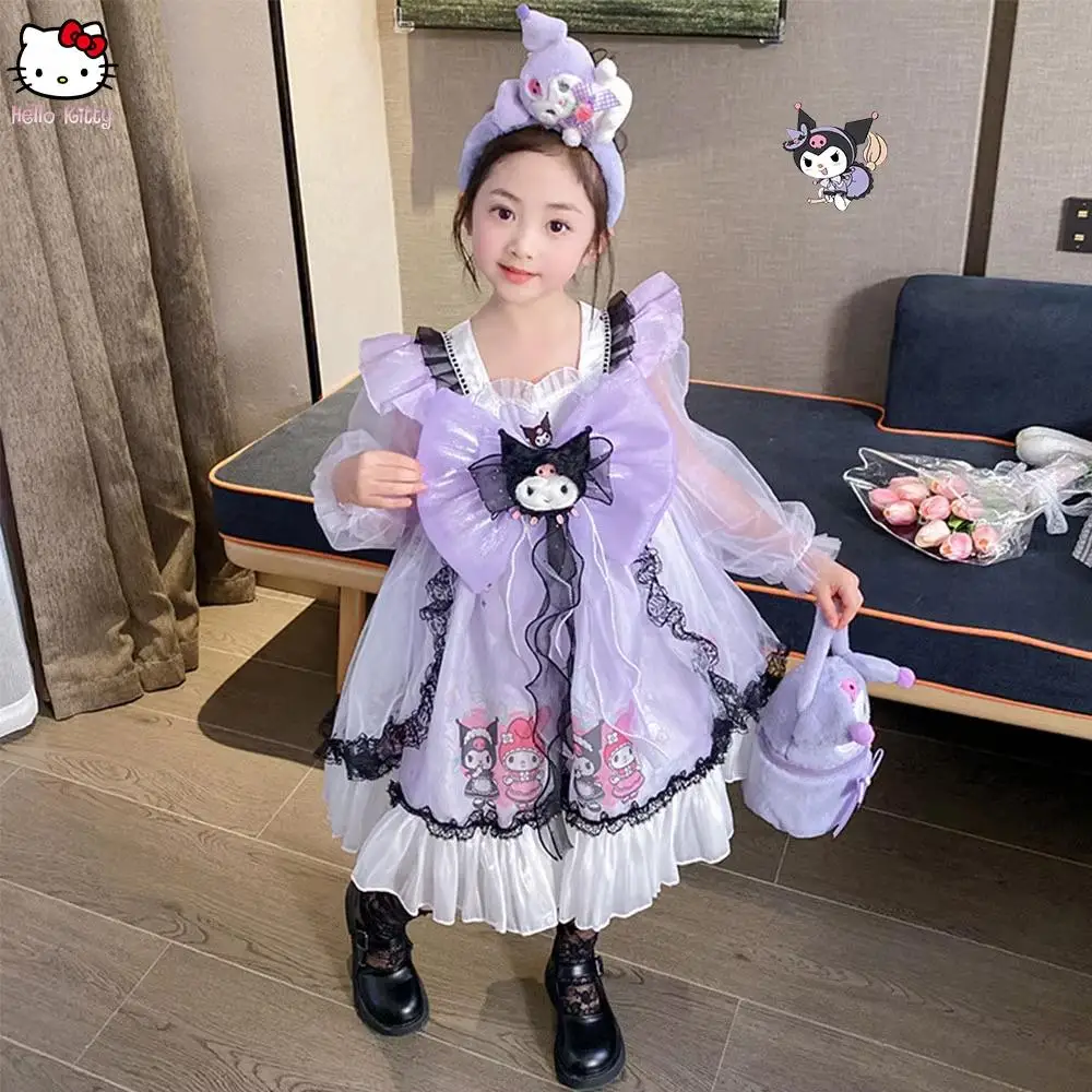 Kawaii Anime Kuromi Children's Dress Lolita Sanrios Summer Girls Role Play Lace Gauze Sweet Princess Glow Dress Birthday Gift