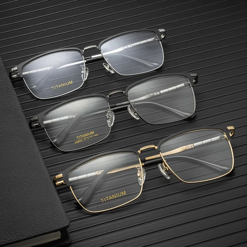 Retro Ultra Light Pure Titanium Myopia Glasses Men's Fashion Business Eyebrow Line Spring Leg Eyeglass Frame 69850