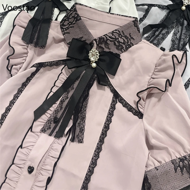 Kawaii Lolita Women Shirts Y2k Japanese Style Blouse Elegant Bow Lace Patchwork Sweet Tops Casual Office Ladies Aesthetic Shirt