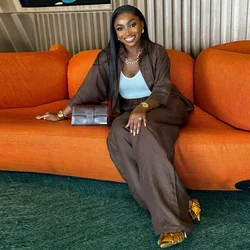 Women Two Piece Pant Sets Women solid Shirt Coffee Round Neck Straight Long Pants Suits Autumn Spring Tracksuit Sets 2025