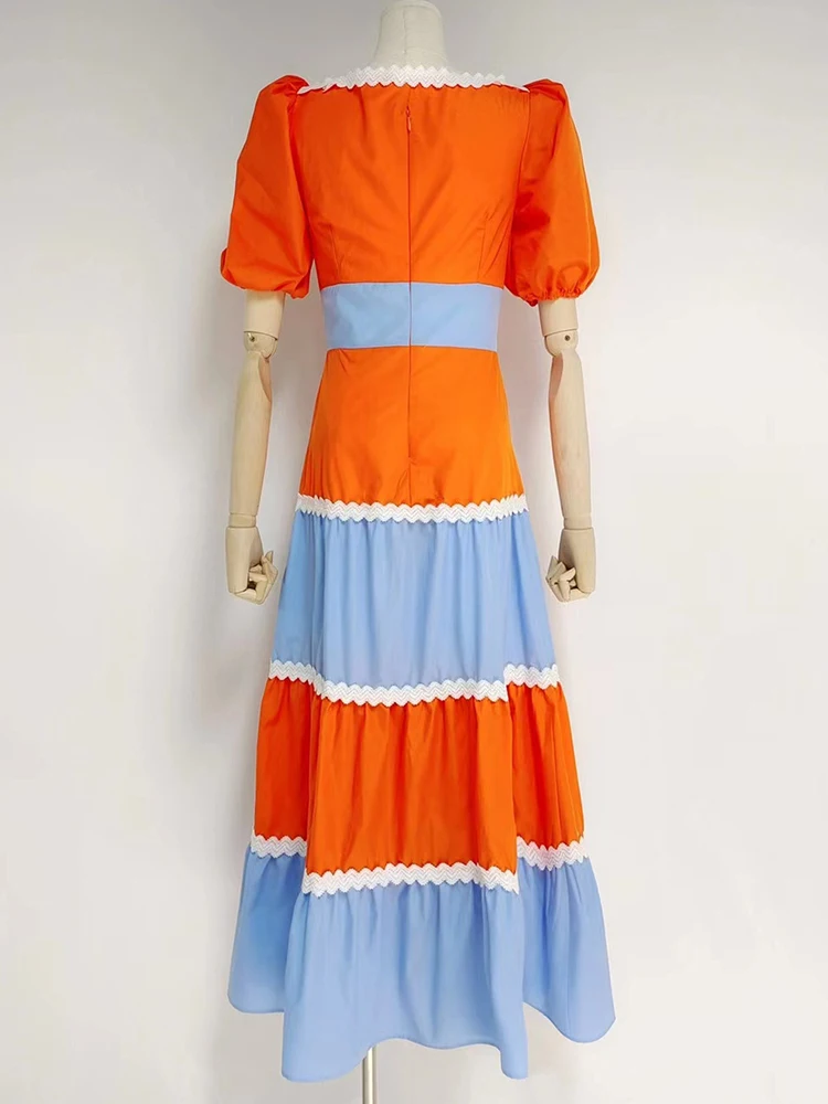 VGH-Robe à Découpes pour Femme, Col Carré, Manches Courtes Bouffantes, Taille Haute, Longueur au Sol, Style d'Été, 2025