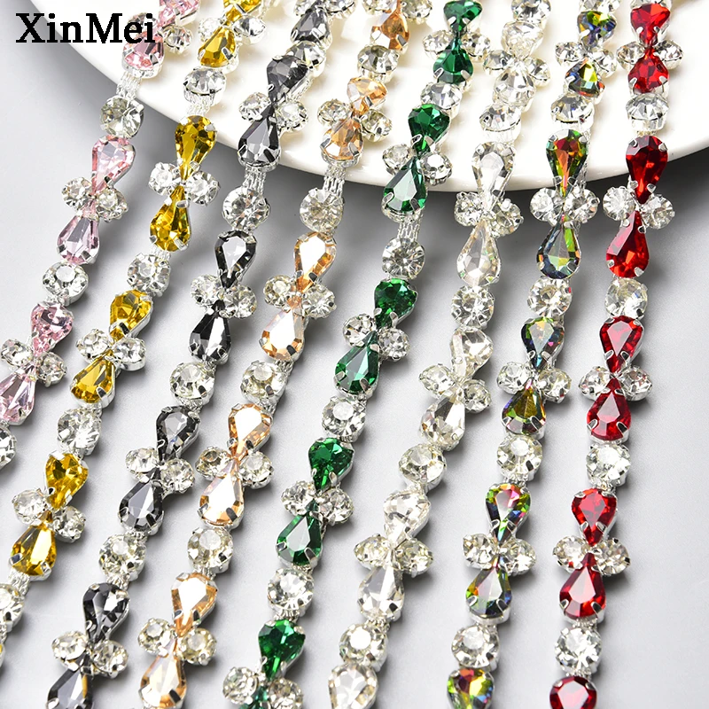 1 Yard Silver Glass Crystal Cross Trim Bling Rhinestone Claw Cup Chain Metal Ribbon Decoration DIY Clothing Jewelry Accessories