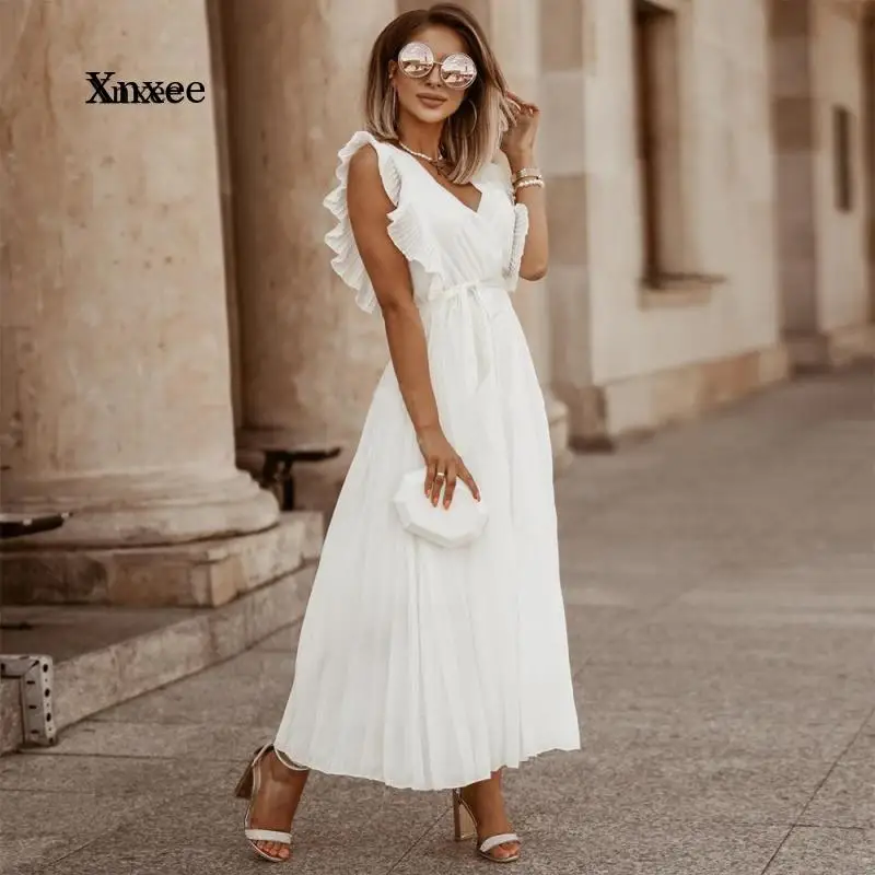 

Summer Women's Temperament Beach Long Dress Fashion Slim Sexy Lotus Leaf Sleeve Chiffon Pleated Skirt Solid Color Dress