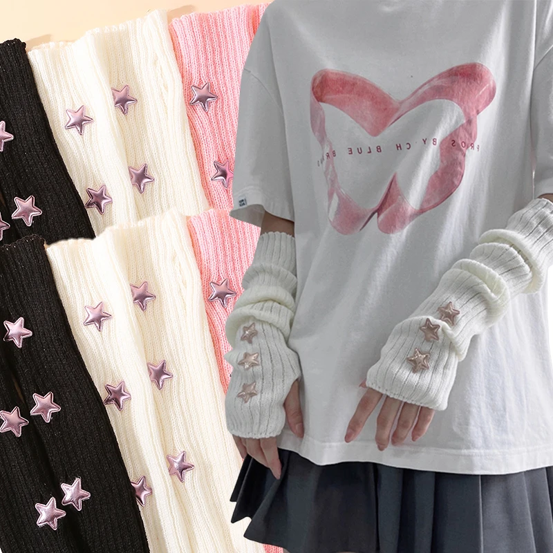 

Субкультура Y2K, перчатки со звездным принтом, стиль Харадзюку, вязаные рукава, черно-белые перчатки с половиной пальца, осенне-зимние грелки, варежки