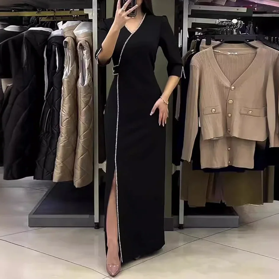 Dress Women Black Party Long Dresses Diamond V Neck Full Sleeve Split Elegant Splice Hot Drilling Vestidos Night 2024 Spring