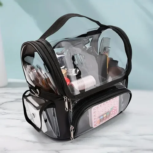 Imagen 1 del producto Mochila con soporte para brochas de maquillaje, estuche de viaje transparente impermeable, bolsa organizadora de cosméticos con correa ajustable y divisor