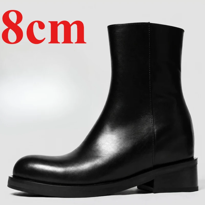 Genuine Leather 8cm Height Increased Fashion Chelsea Boots Shoes Men's Pointed Tip Midsole Boots High Heels Dark Wizard Boots