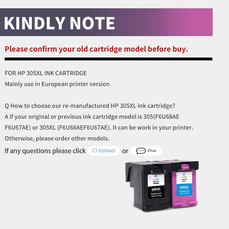 305XL Remanufactured 305XL for HP 305 HP305 XL Refilled Ink Cartridge for DeskJet 1210 2330 2710 4100 4140 6010 Printer