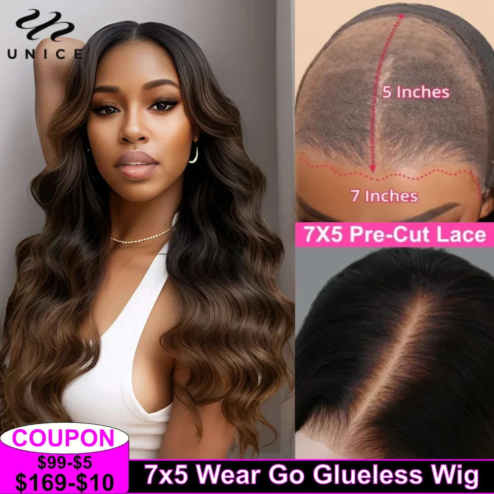 UNice Hair Pre Everything 7x5 Lace Wear Go Glueless Wig Ombre Brown Loose Wave Human Hair Wig Pre Cut Pre Bleached Lace Wig