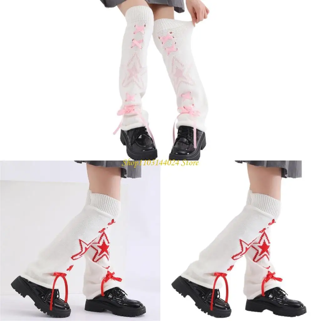 

N5KE Women's Punk Star Pattern Knitted Leg Warmers with Ribbon Bows Flared Boot Covers Knee Length Socks Japanese Streetwear
