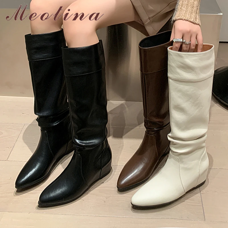 

Meotina Women Genuine Leather Knee High Boots Pointed Toe Height Increasing High Heels Pleated Long Boots Ladies Shoes Winter
