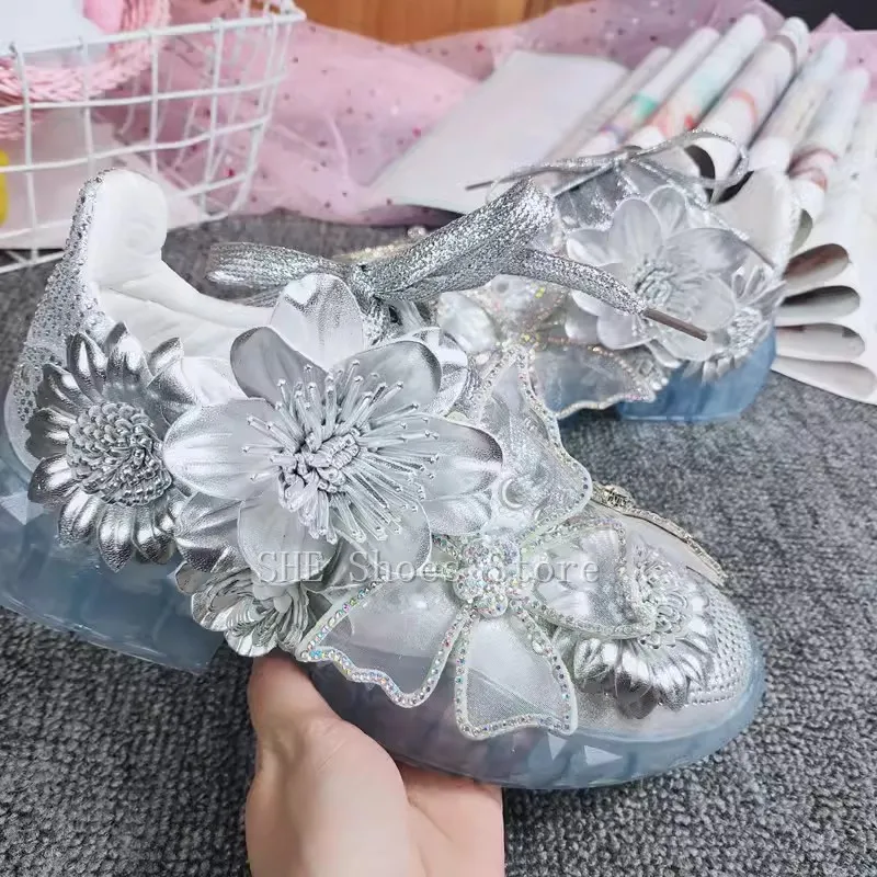 Fantasy Butterfly Flowers Decor Bling Rhinestones Women Leisure Sport Shoes Chunky Bottom Height Increasing Ladies Sneakers