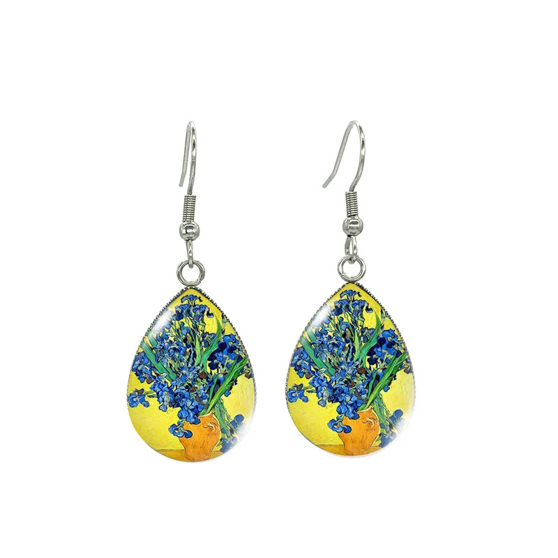 Painting: Star Moon Night Sunflower Wheat Field Time Gem Earrings Art Pattern Earrings Water Drops Earrings