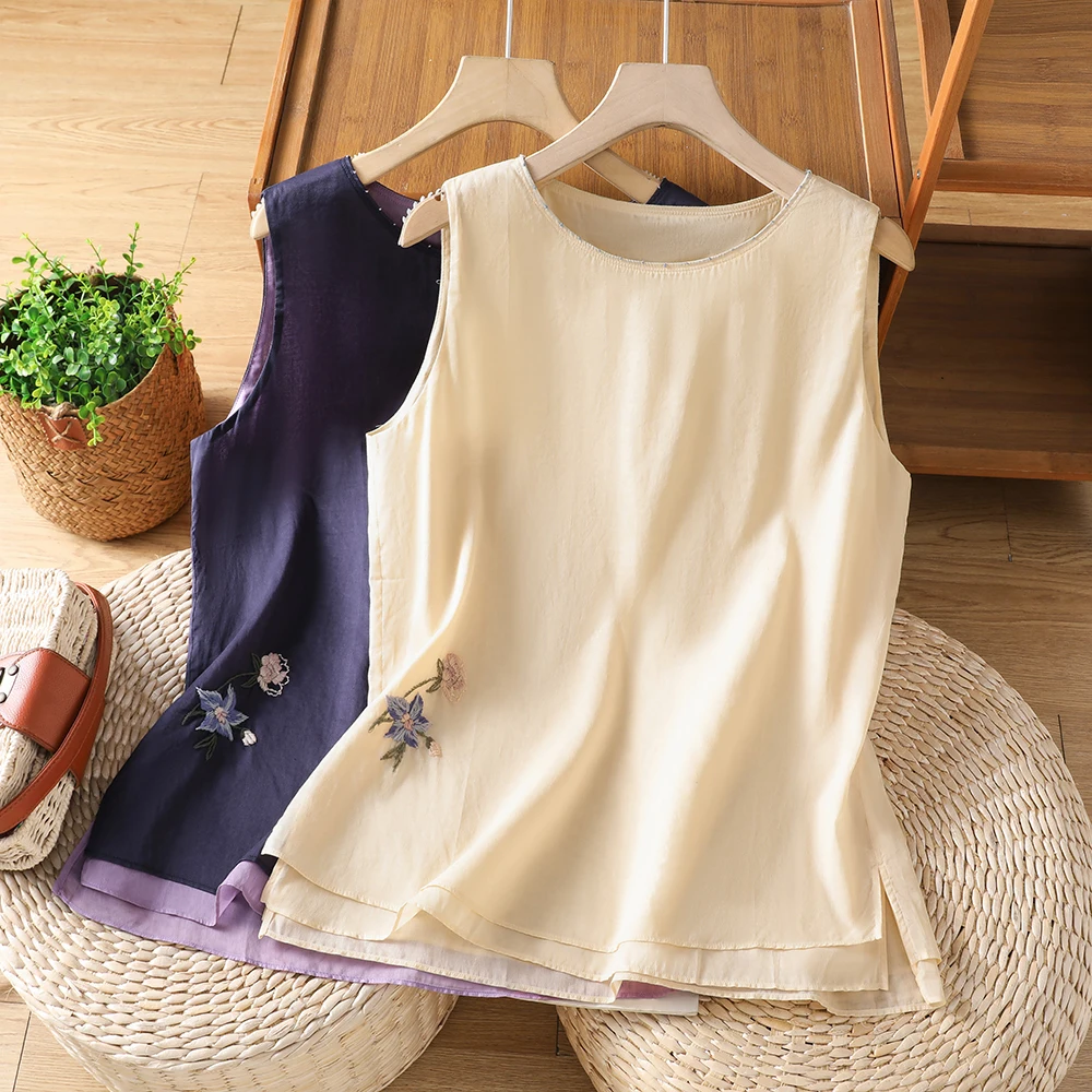 

Handmade Embroidered Cotton Linen Vest Shirt Women Summer plus Size Belly Cover Slimming Short Casual Style Fake Two-Piece Top