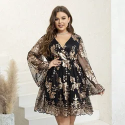 Fashion Temperament Plus Size Dresses Long Sleeve V-neck Embroidery Party Banquet Evening Dress Large Lady Elegant Short Dresses