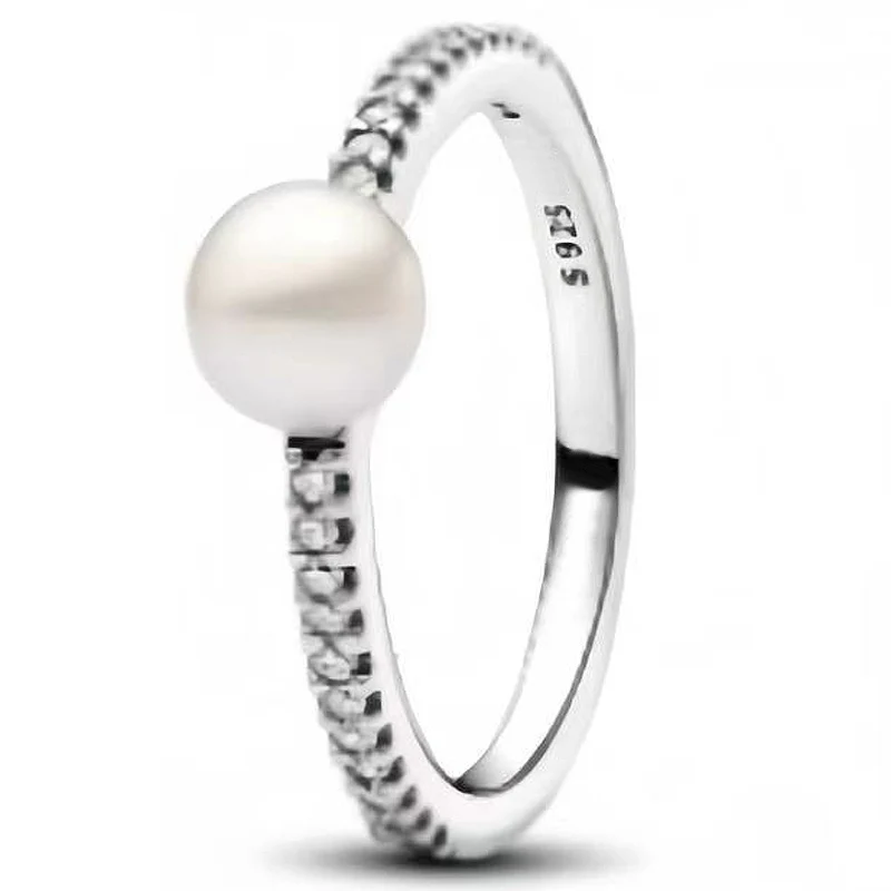 Authentic 925 Sterling Silver Ring Polished Wave Double Band With Red Heart Pearl Elegance Ring For Women Gift DIY Jewelry